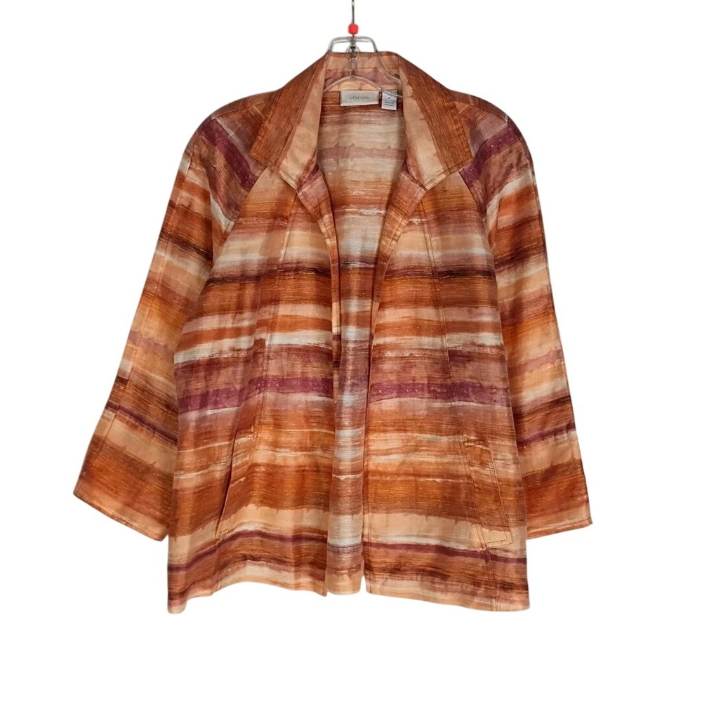 Chico's LINEN Blend Womens Size 2 Cardigan Shirt Open Front Cover Up Orange